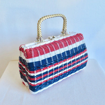 Vintage 1960's Handmade Red, White & Blue Woven "Wicker" Purse