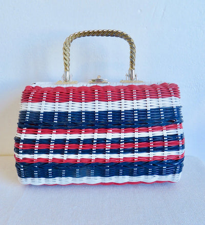 Vintage 1960's Handmade Red, White & Blue Woven "Wicker" Purse