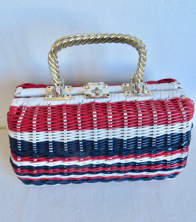Vintage 1960's Handmade Red, White & Blue Woven "Wicker" Purse