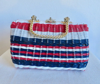 Vintage 1960's Handmade Red, White & Blue Woven "Wicker" Purse