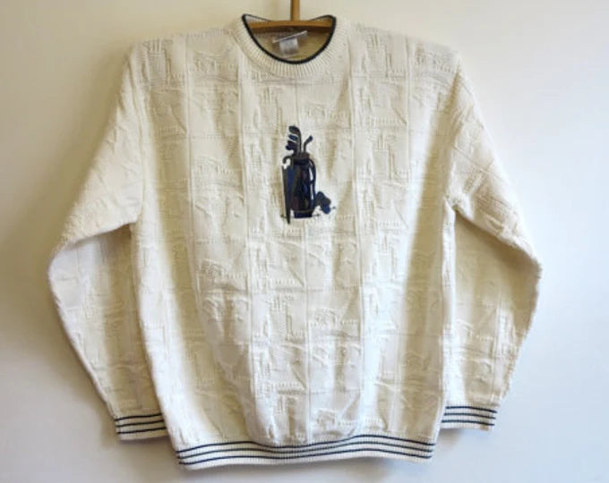 Cream Colored Intricately Knitted Golf-Themed Sweater