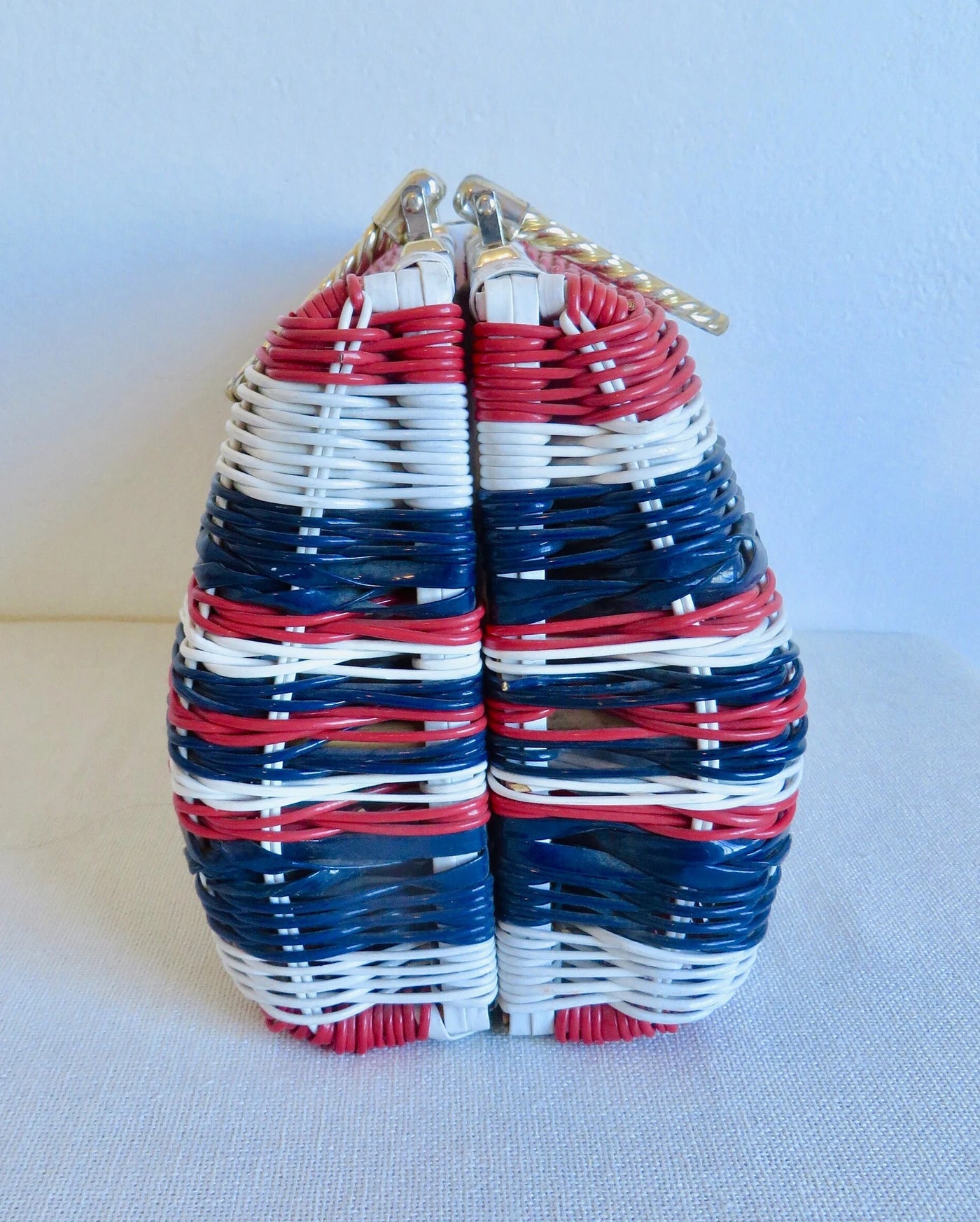 VINTAGE 1960's LARGE RED, WHITE & BLUE WOVEN WICKER PURSE